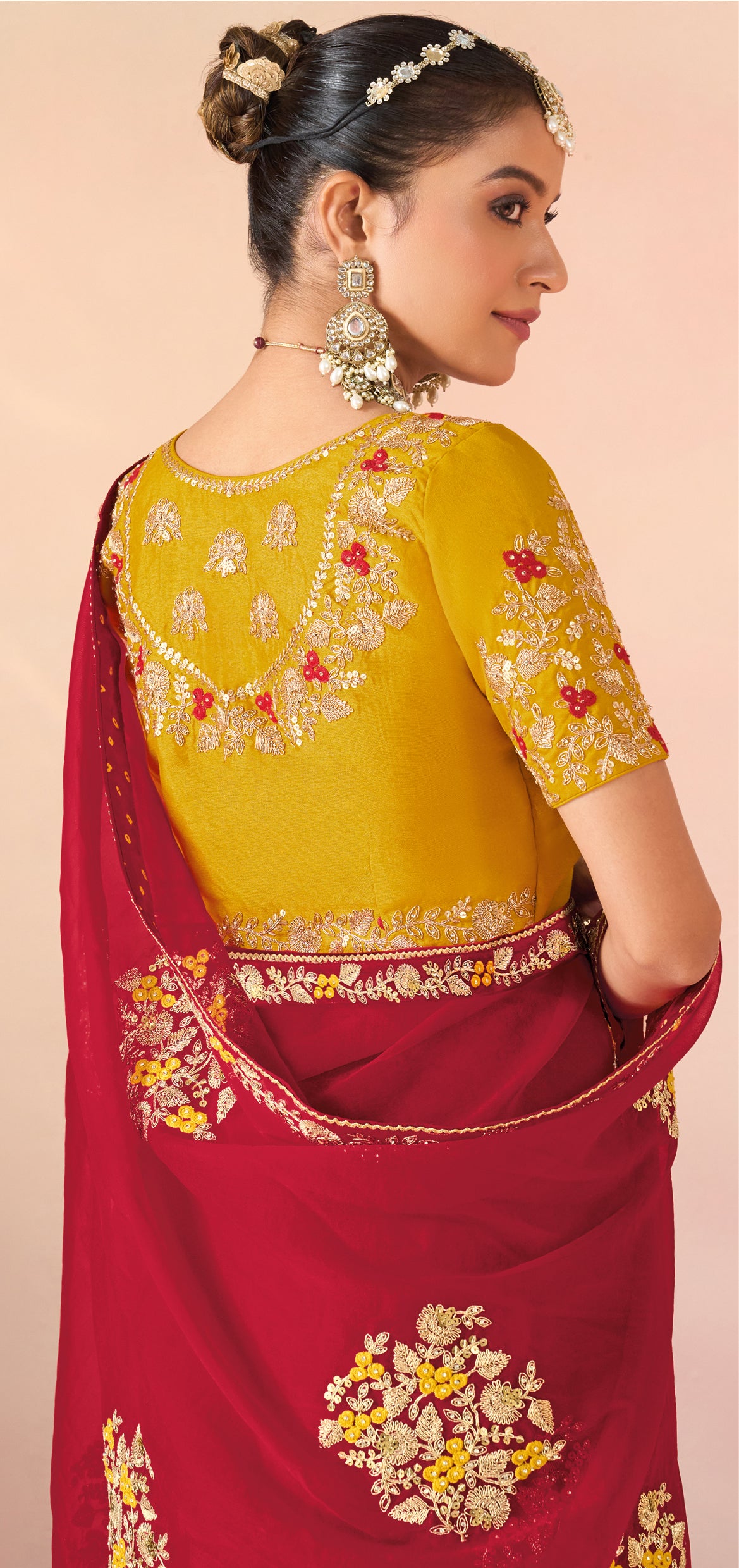 Laxmipati Kesaar Bhog Tissue Organza Floral Embroidered Saree in Red Color