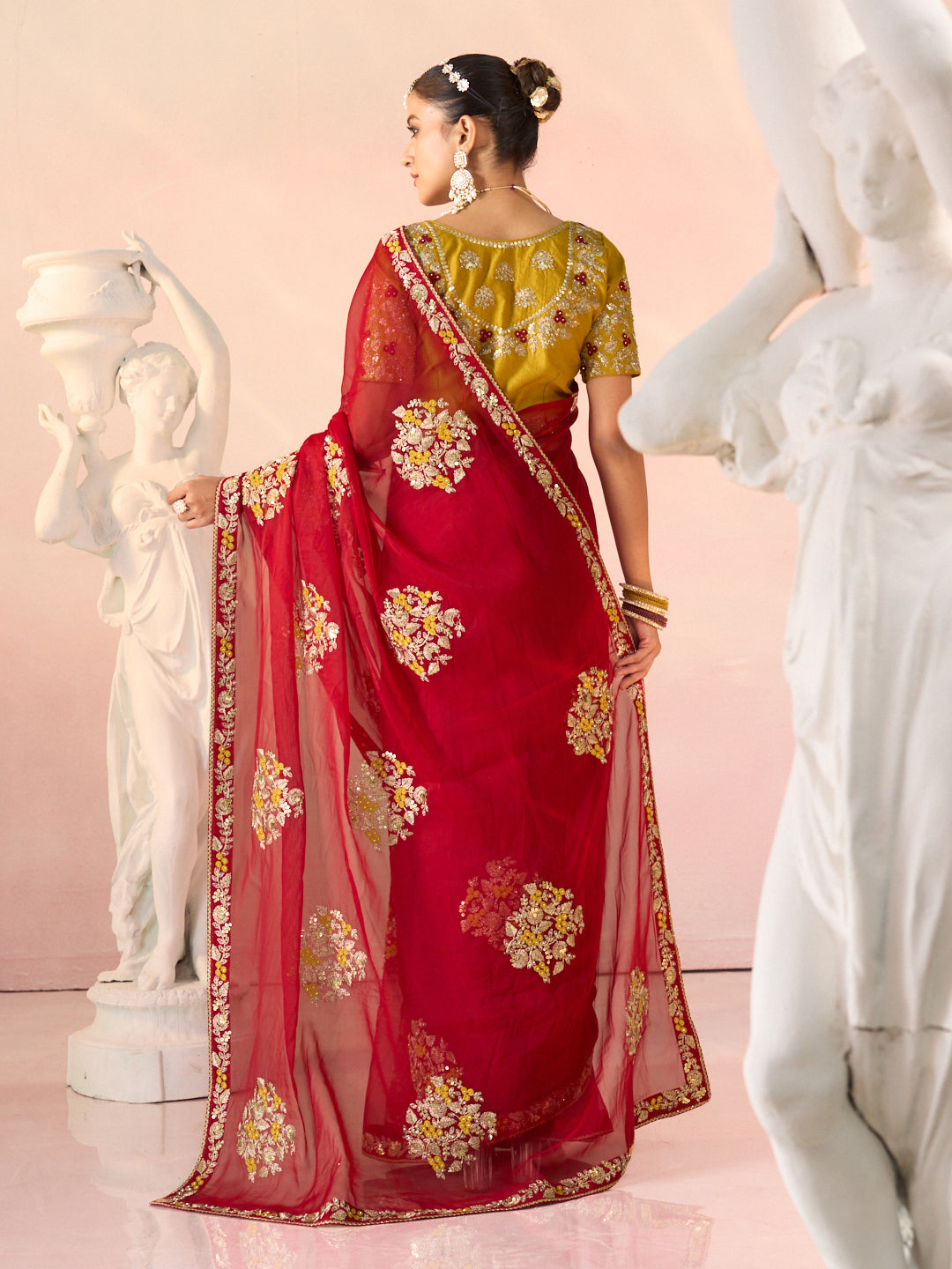 Laxmipati Kesaar Bhog Tissue Organza Floral Embroidered Saree in Red Color