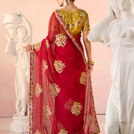Laxmipati Kesaar Bhog Tissue Organza Floral Embroidered Saree in Red Color