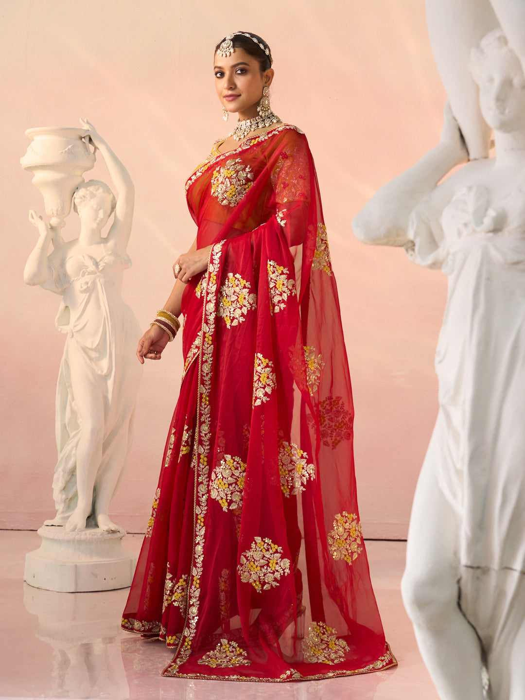 Laxmipati Kesaar Bhog Tissue Organza Floral Embroidered Saree in Red Color