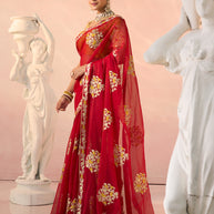Laxmipati Kesaar Bhog Tissue Organza Floral Embroidered Saree in Red Color