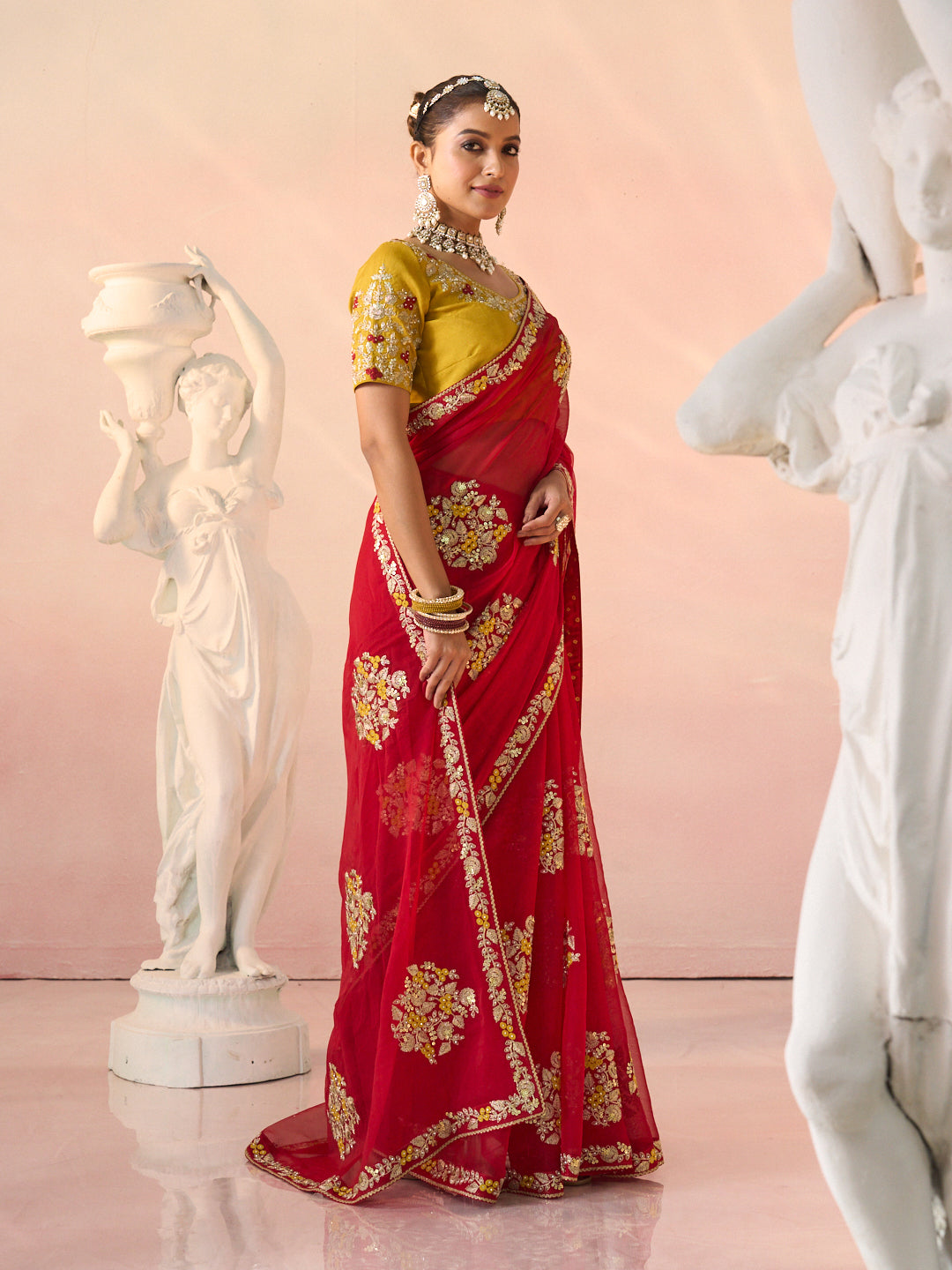 Laxmipati Kesaar Bhog Tissue Organza Floral Embroidered Saree in Red Color