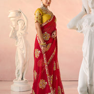 Laxmipati Kesaar Bhog Tissue Organza Floral Embroidered Saree in Red Color