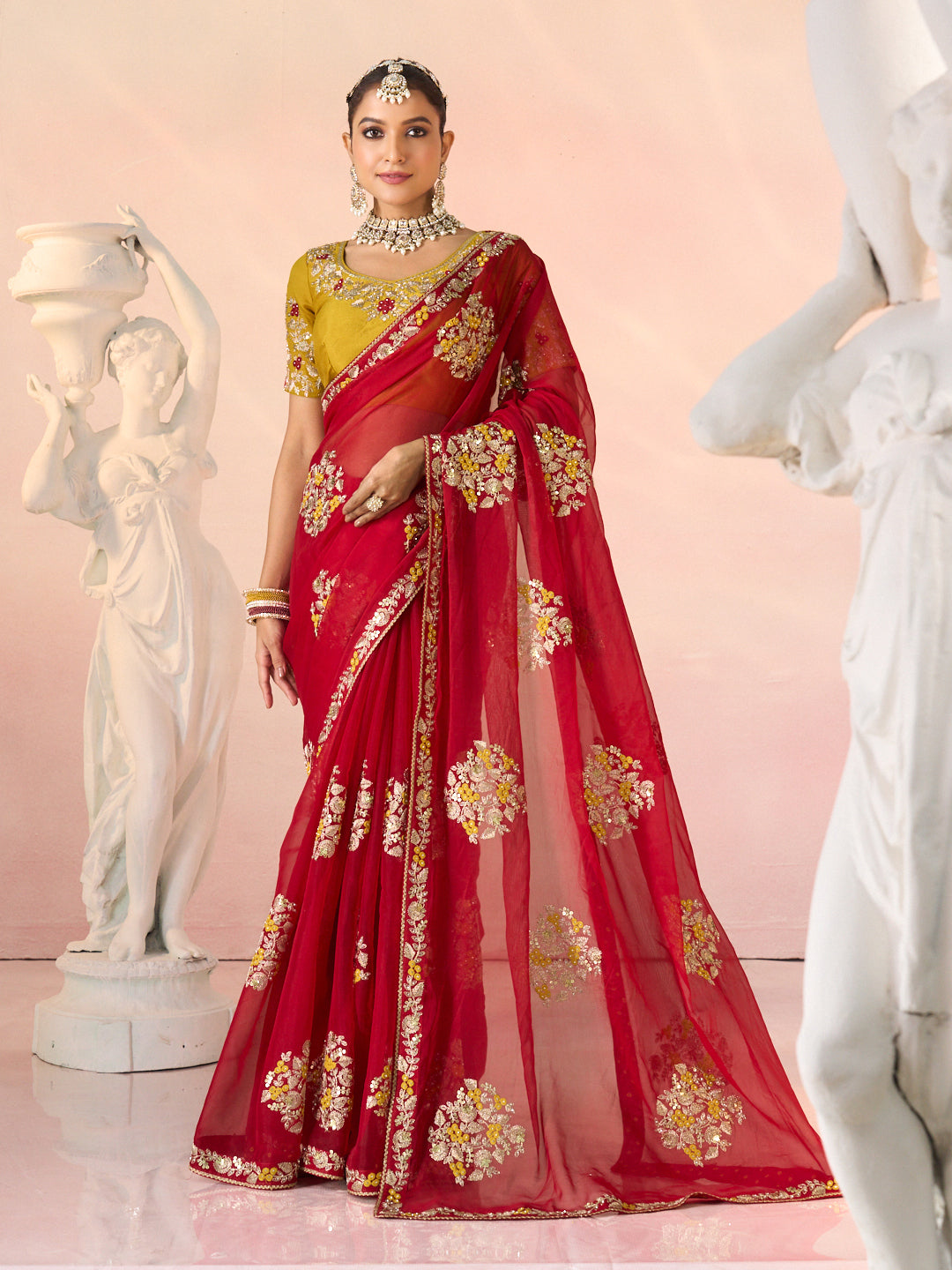 Laxmipati Kesaar Bhog Tissue Organza Floral Embroidered Saree in Red Color