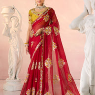 Laxmipati Kesaar Bhog Tissue Organza Floral Embroidered Saree in Red Color