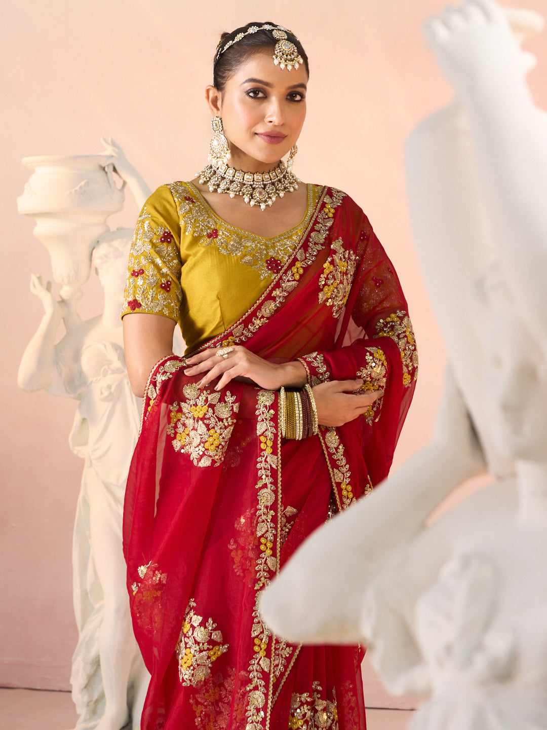 Laxmipati Kesaar Bhog Tissue Organza Floral Embroidered Saree in Red Color