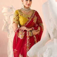 Laxmipati Kesaar Bhog Tissue Organza Floral Embroidered Saree in Red Color