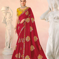 Laxmipati Kesaar Bhog Tissue Organza Floral Embroidered Saree in Red Color