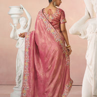 Laxmipati Kesaar Bhog Silk Floral Embroidered Saree in Pink Color