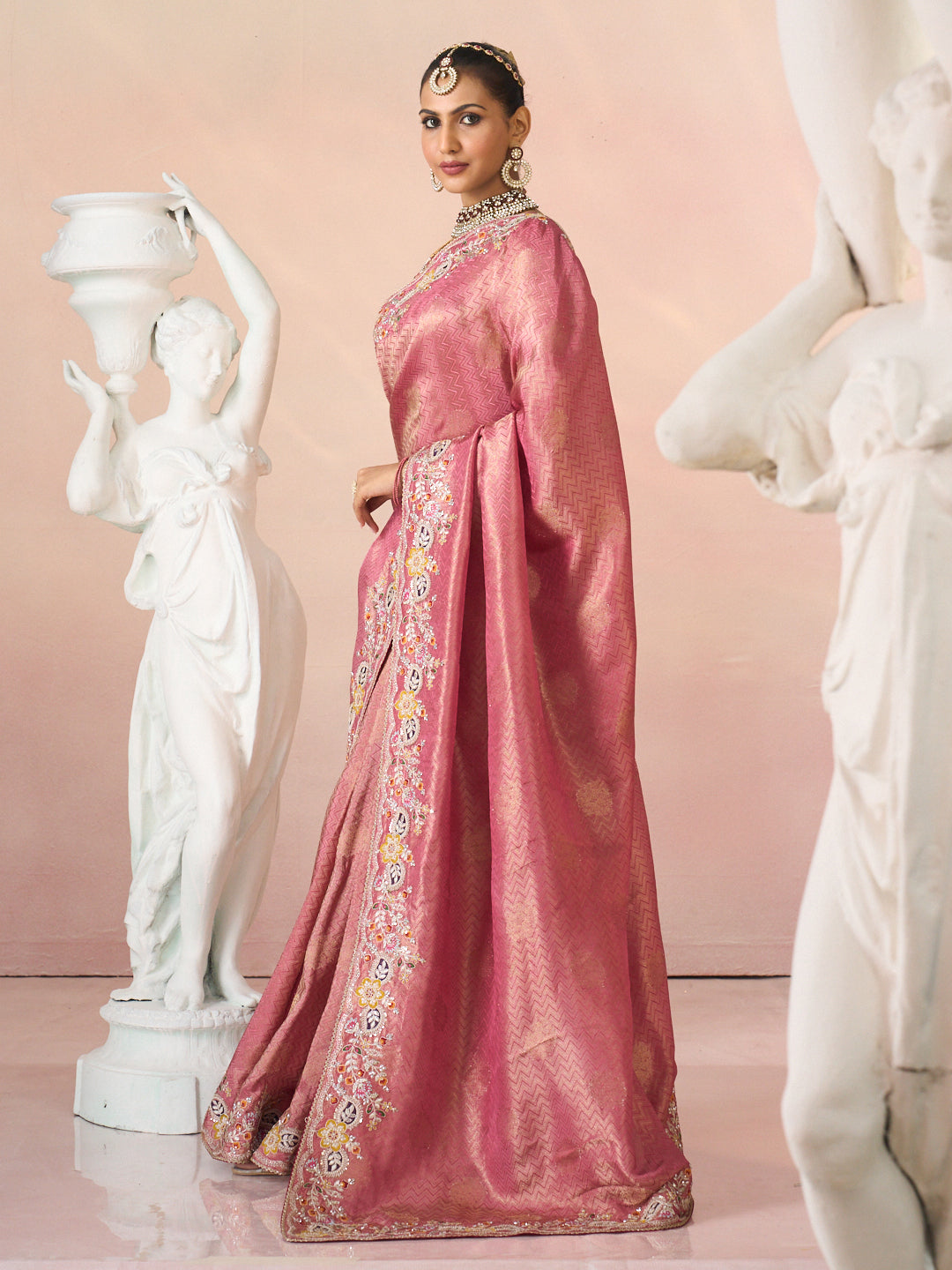 Laxmipati Kesaar Bhog Silk Floral Embroidered Saree in Pink Color