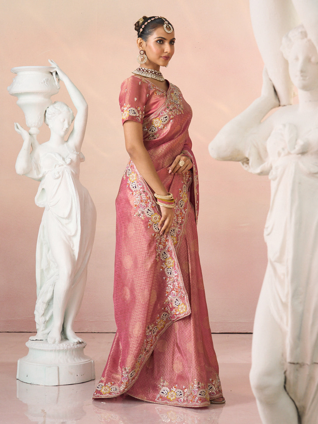 Laxmipati Kesaar Bhog Silk Floral Embroidered Saree in Pink Color