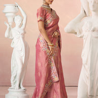 Laxmipati Kesaar Bhog Silk Floral Embroidered Saree in Pink Color