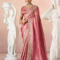 Laxmipati Kesaar Bhog Silk Floral Embroidered Saree in Pink Color