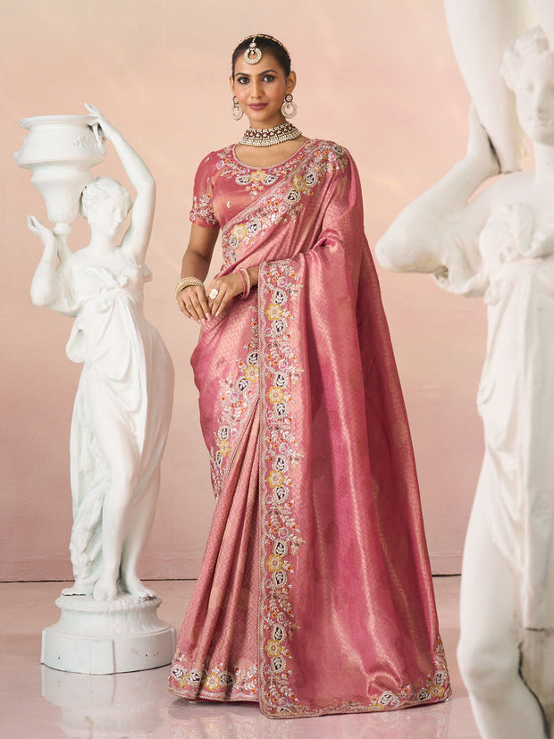 Laxmipati Kesaar Bhog Silk Floral Embroidered Saree in Pink Color