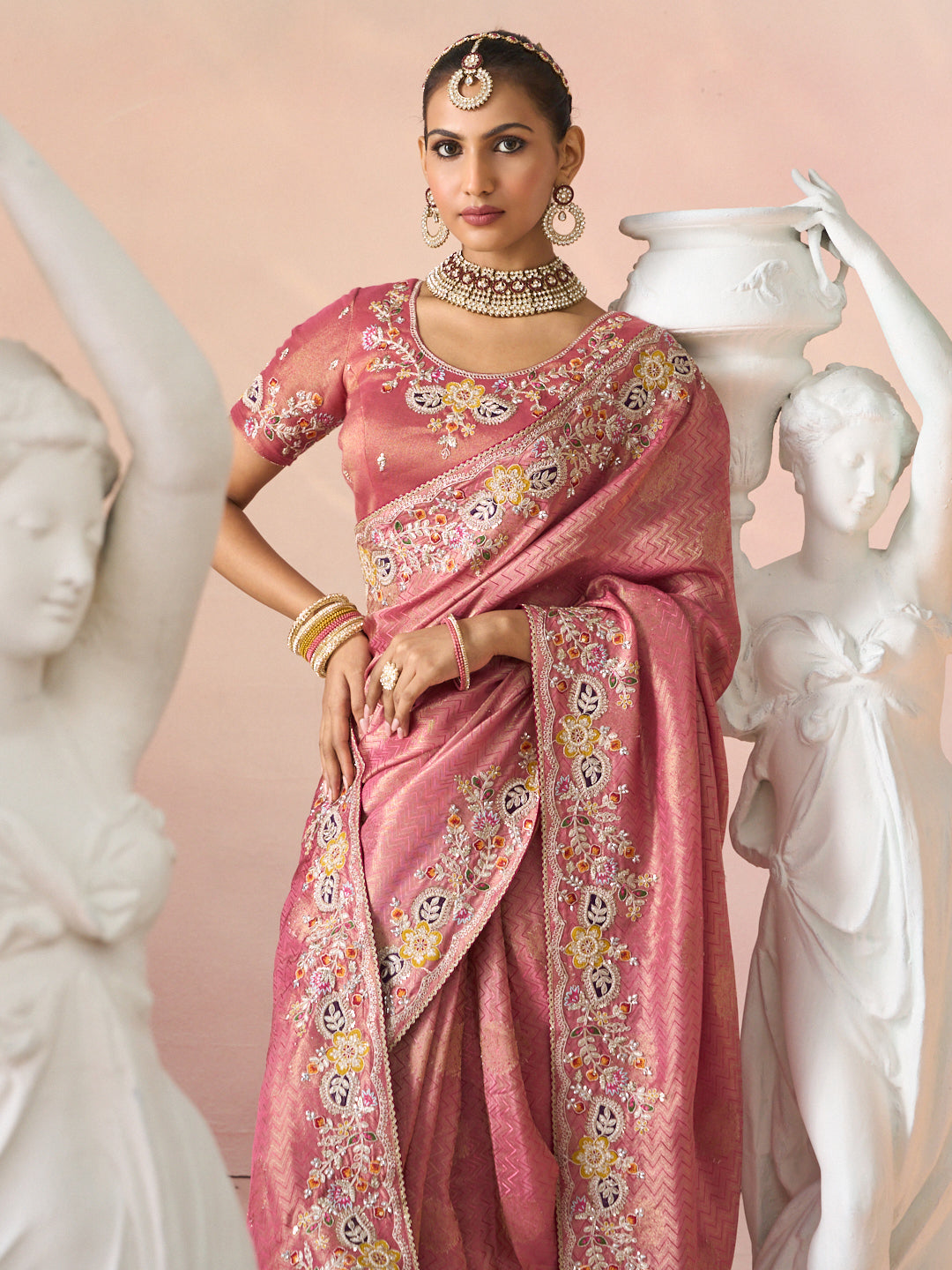 Laxmipati Kesaar Bhog Silk Floral Embroidered Saree in Pink Color