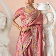 Laxmipati Kesaar Bhog Silk Floral Embroidered Saree in Pink Color