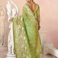 Laxmipati Kesaar Bhog Tissue Organza Floral Embroidered Saree in Green Color