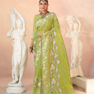 Laxmipati Kesaar Bhog Tissue Organza Floral Embroidered Saree in Green Color