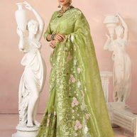 Laxmipati Kesaar Bhog Tissue Organza Floral Embroidered Saree in Green Color