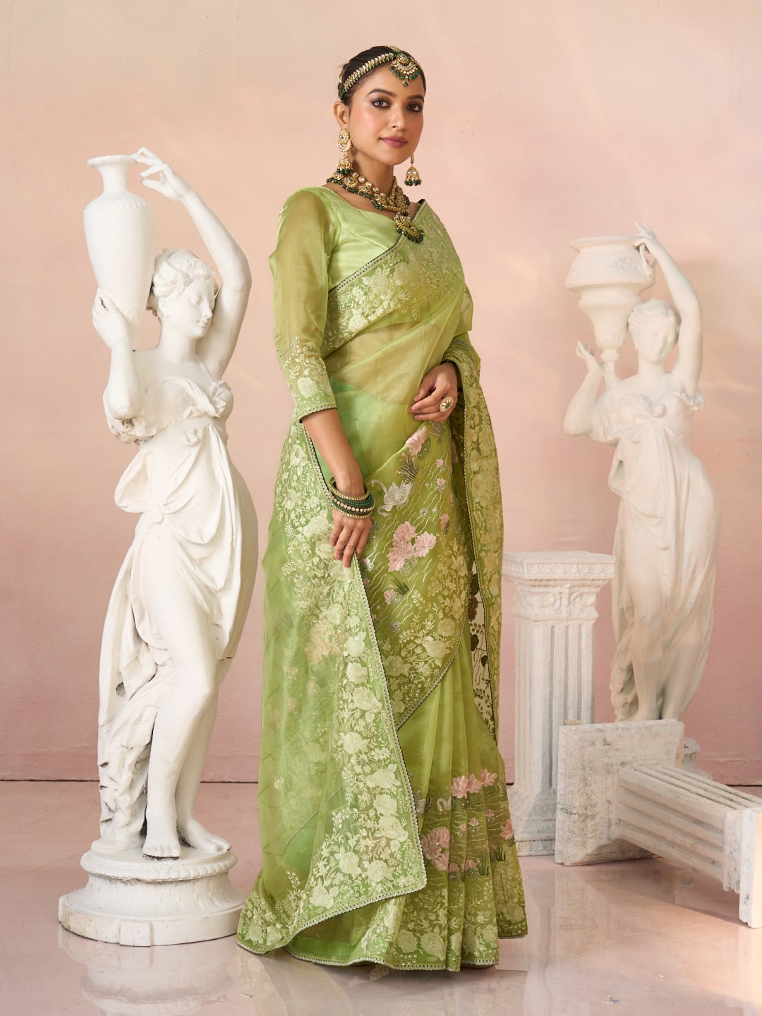 Laxmipati Kesaar Bhog Tissue Organza Floral Embroidered Saree in Green Color