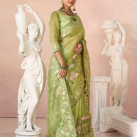 Laxmipati Kesaar Bhog Tissue Organza Floral Embroidered Saree in Green Color