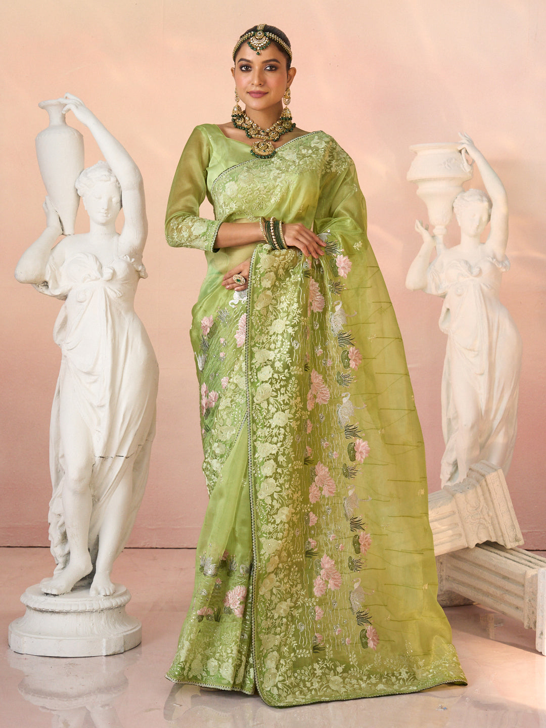 Laxmipati Kesaar Bhog Tissue Organza Floral Embroidered Saree in Green Color