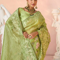 Laxmipati Kesaar Bhog Tissue Organza Floral Embroidered Saree in Green Color