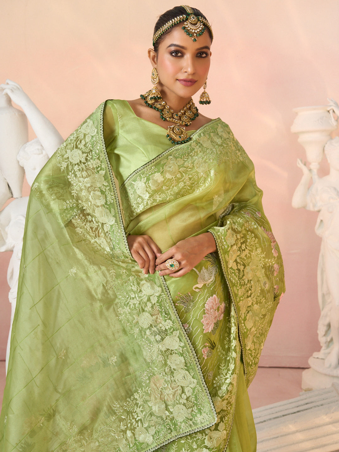 Laxmipati Kesaar Bhog Tissue Organza Floral Embroidered Saree in Green Color