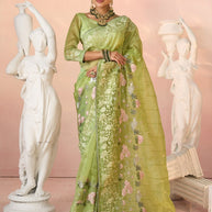 Laxmipati Kesaar Bhog Tissue Organza Floral Embroidered Saree in Green Color