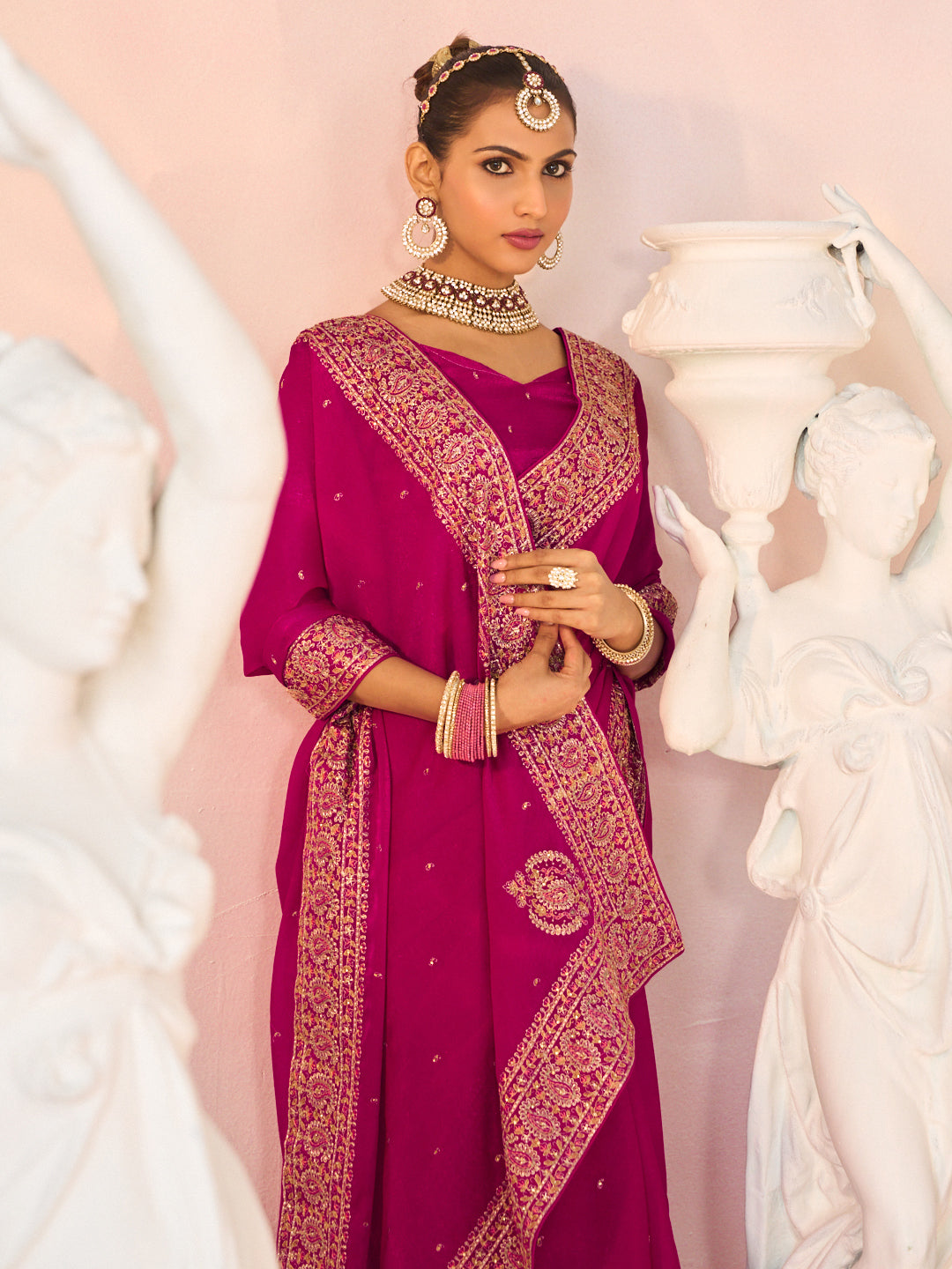 Laxmipati Kesaar Bhog Silk Floral Embroidered Saree in Magenta Color