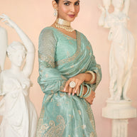 Laxmipati Kesaar Bhog Tissue Organza Floral Embroidered Saree in Pastel Blue Color