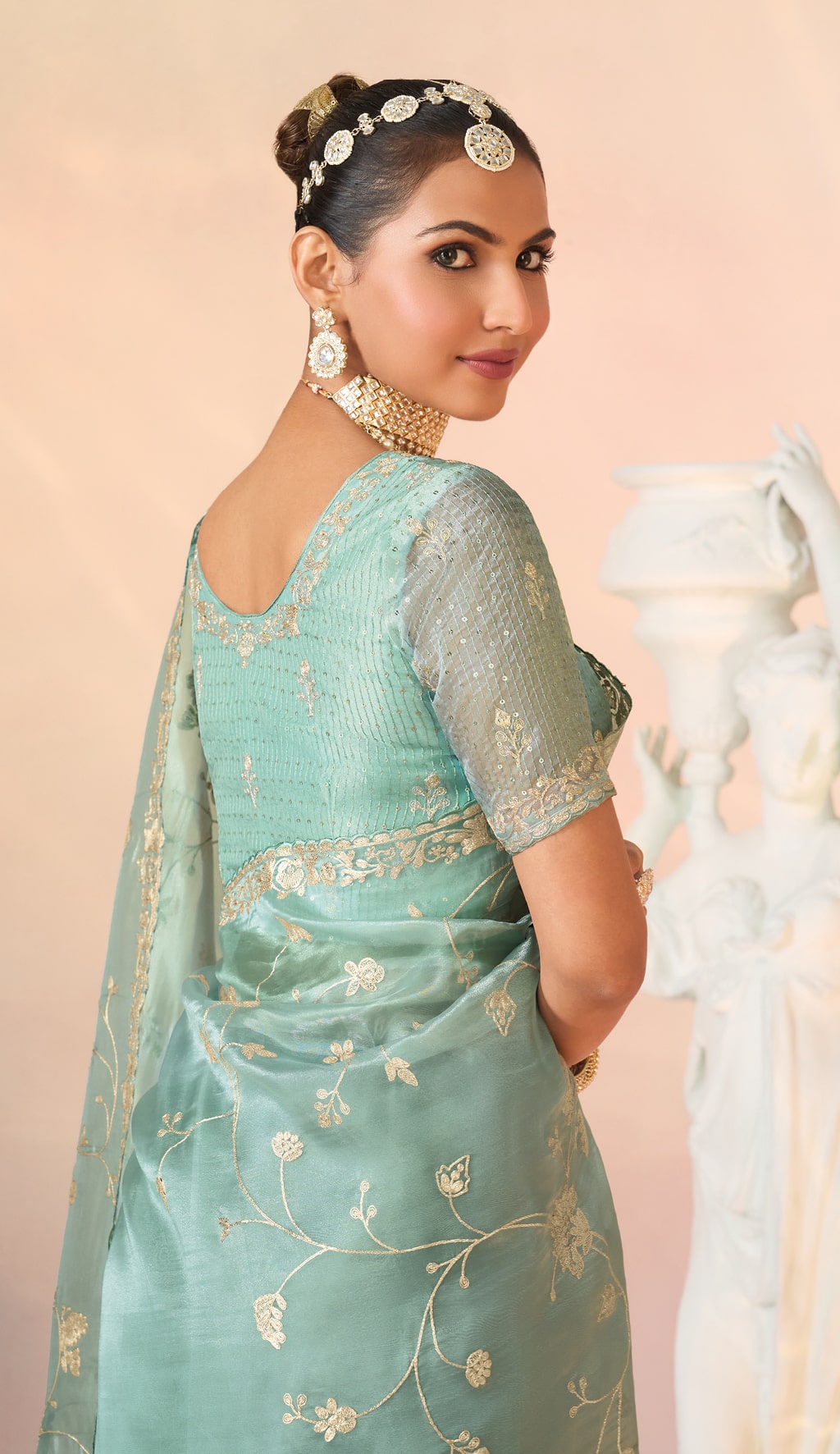Laxmipati Kesaar Bhog Tissue Organza Floral Embroidered Saree in Pastel Blue Color