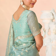 Laxmipati Kesaar Bhog Tissue Organza Floral Embroidered Saree in Pastel Blue Color