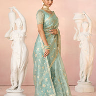 Laxmipati Kesaar Bhog Tissue Organza Floral Embroidered Saree in Pastel Blue Color
