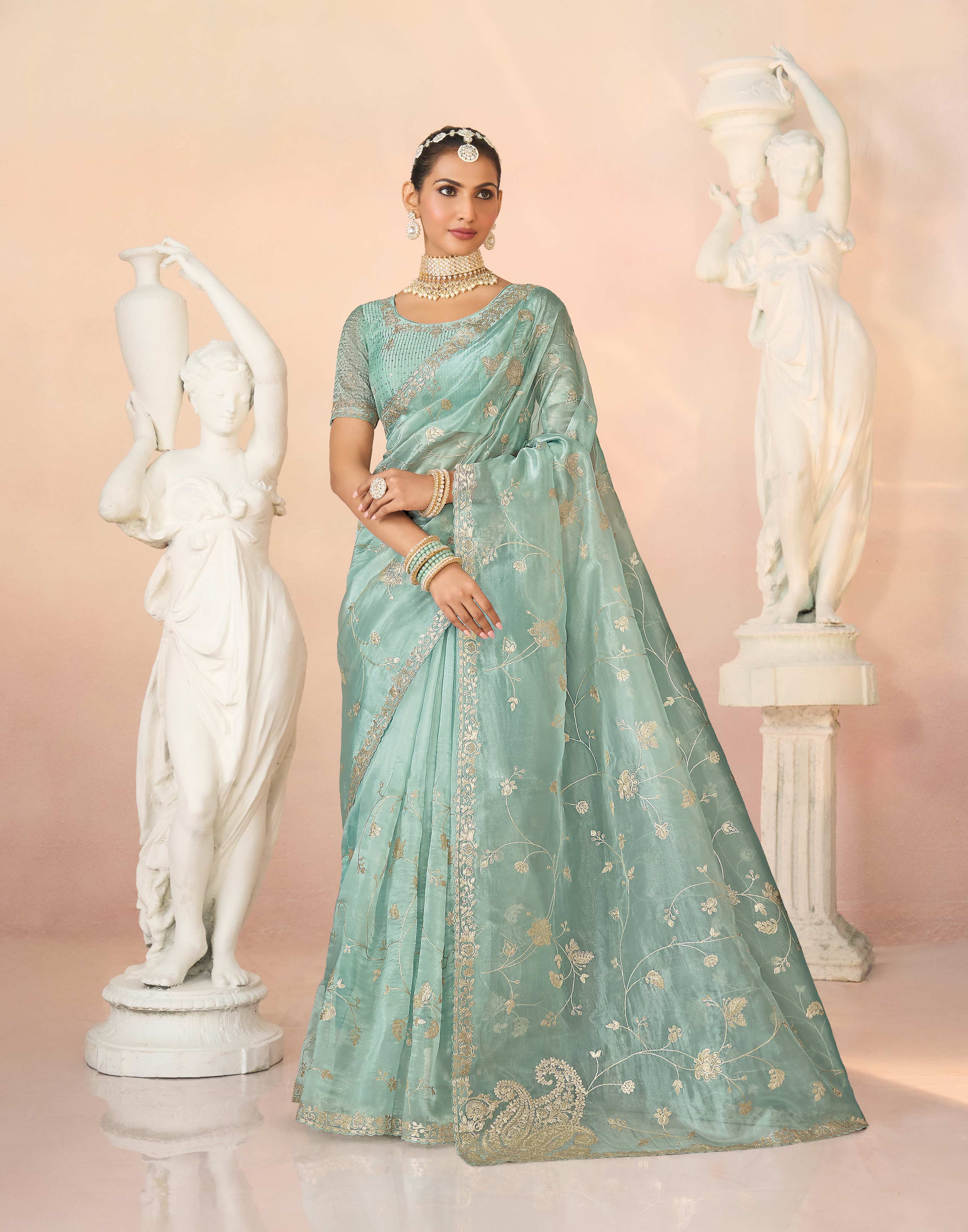 Laxmipati Kesaar Bhog Tissue Organza Floral Embroidered Saree in Pastel Blue Color