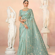 Laxmipati Kesaar Bhog Tissue Organza Floral Embroidered Saree in Pastel Blue Color