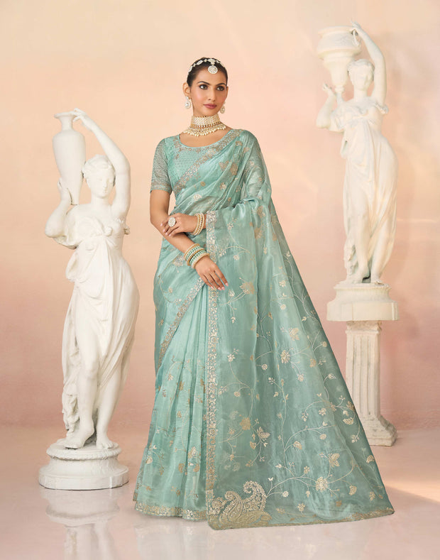 Laxmipati Kesaar Bhog Tissue Organza Floral Embroidered Saree in Pastel Blue Color