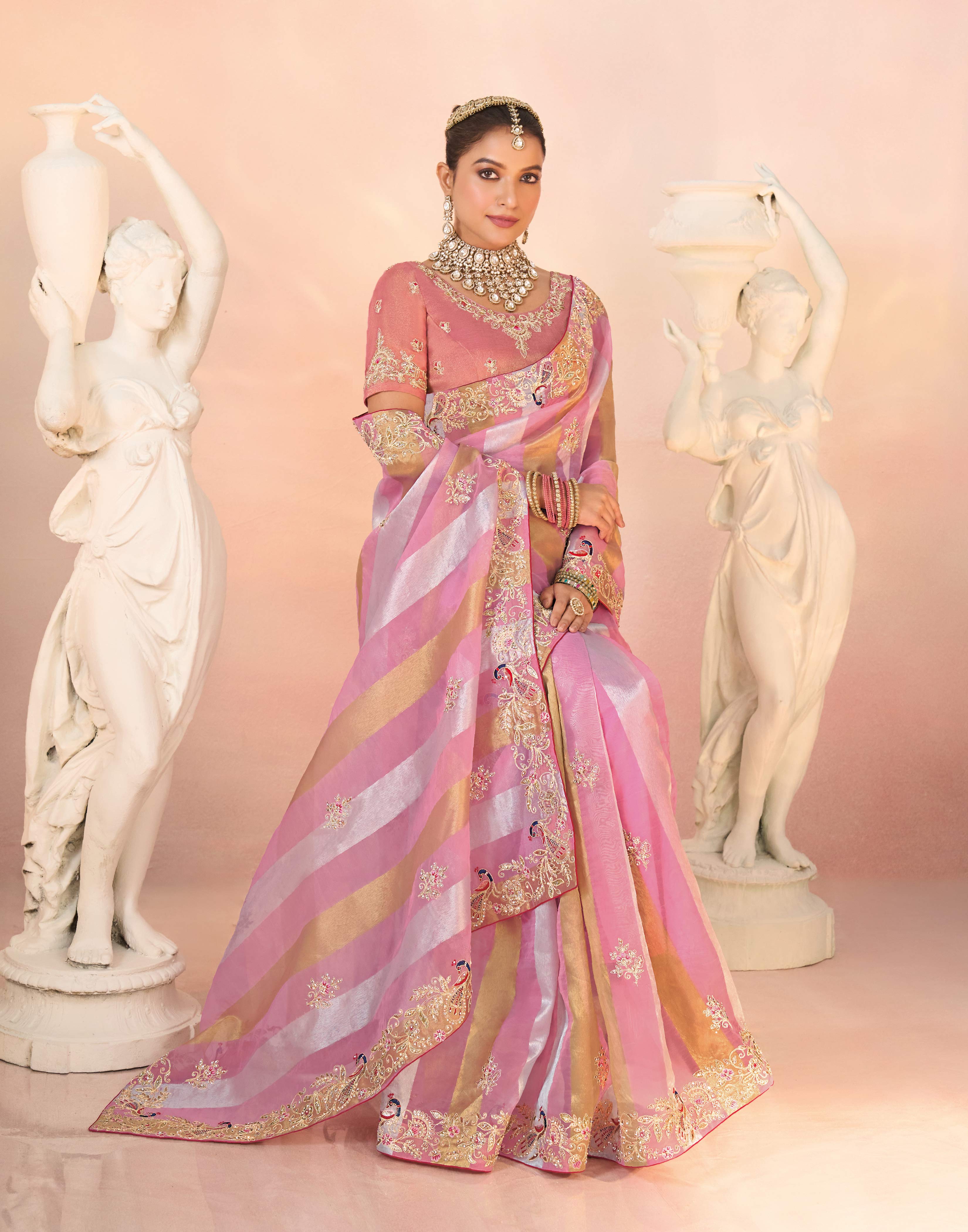 Laxmipati Kesaar Bhog Tissue Organza Floral Embroidered Saree in Pink Color