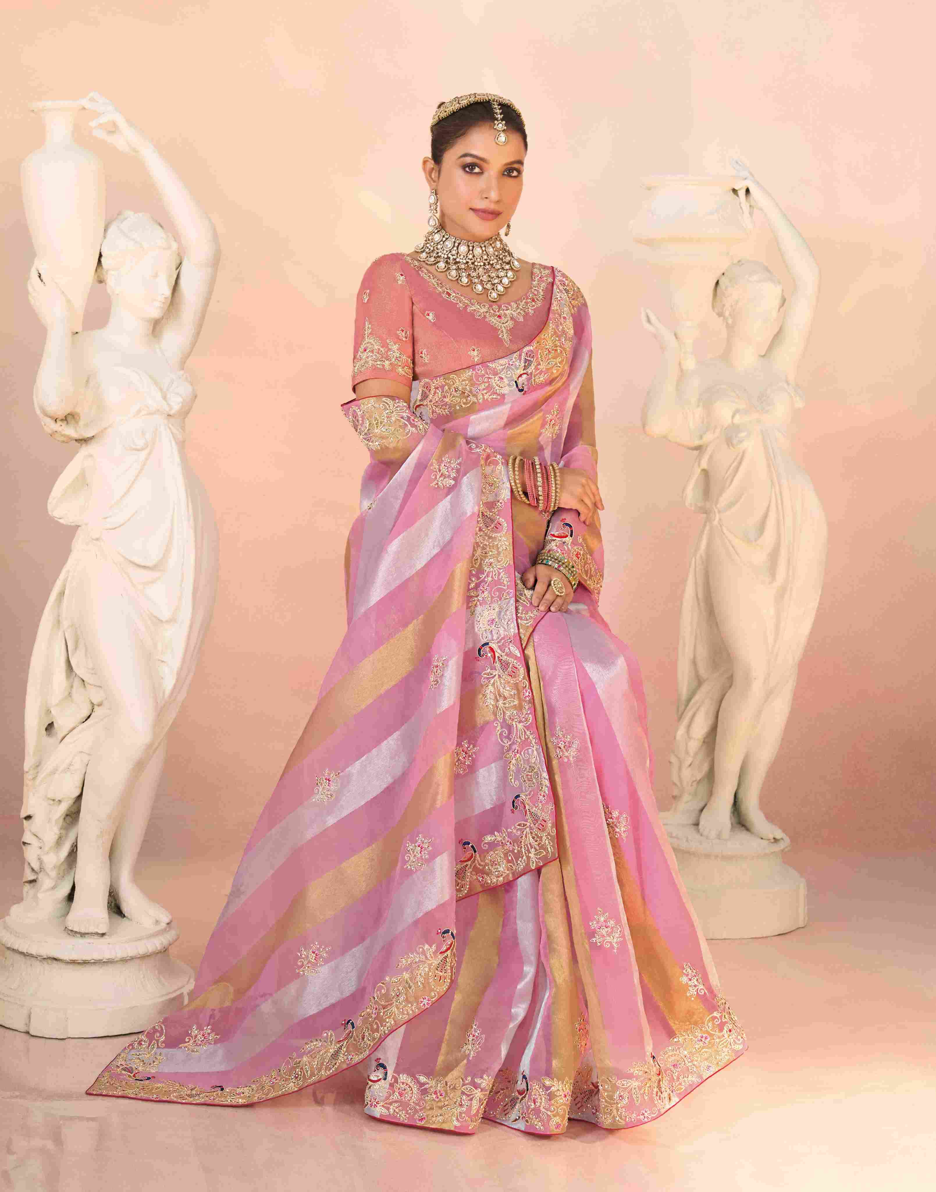Laxmipati Kesaar Bhog Silk Floral Embroidered Saree in Pink Color