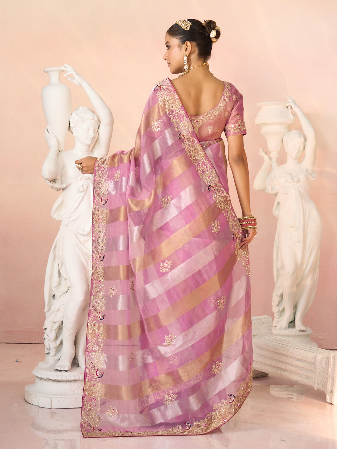 Laxmipati Kesaar Bhog Tissue Organza Floral Embroidered Saree in Pink Color