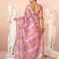 Laxmipati Kesaar Bhog Tissue Organza Floral Embroidered Saree in Pink Color
