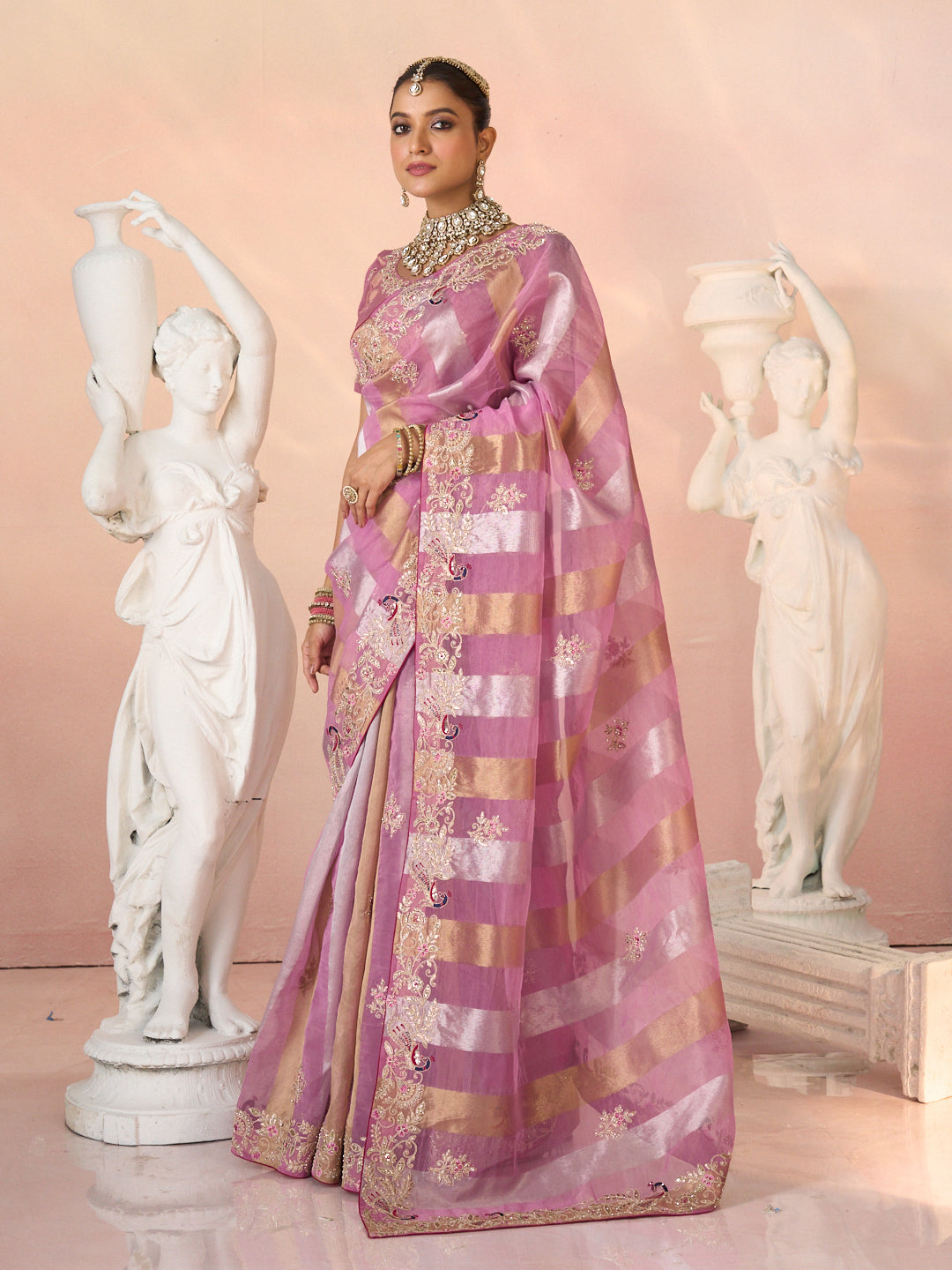 Laxmipati Kesaar Bhog Tissue Organza Floral Embroidered Saree in Pink Color