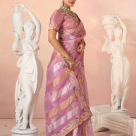 Laxmipati Kesaar Bhog Tissue Organza Floral Embroidered Saree in Pink Color