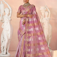 Laxmipati Kesaar Bhog Tissue Organza Floral Embroidered Saree in Pink Color