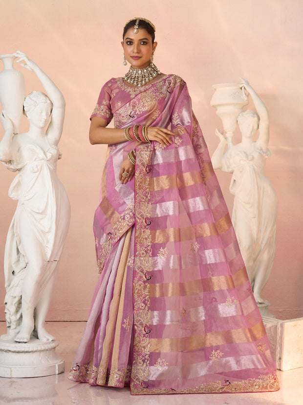 Laxmipati Kesaar Bhog Tissue Organza Floral Embroidered Saree in Pink Color