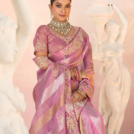 Laxmipati Kesaar Bhog Tissue Organza Floral Embroidered Saree in Pink Color