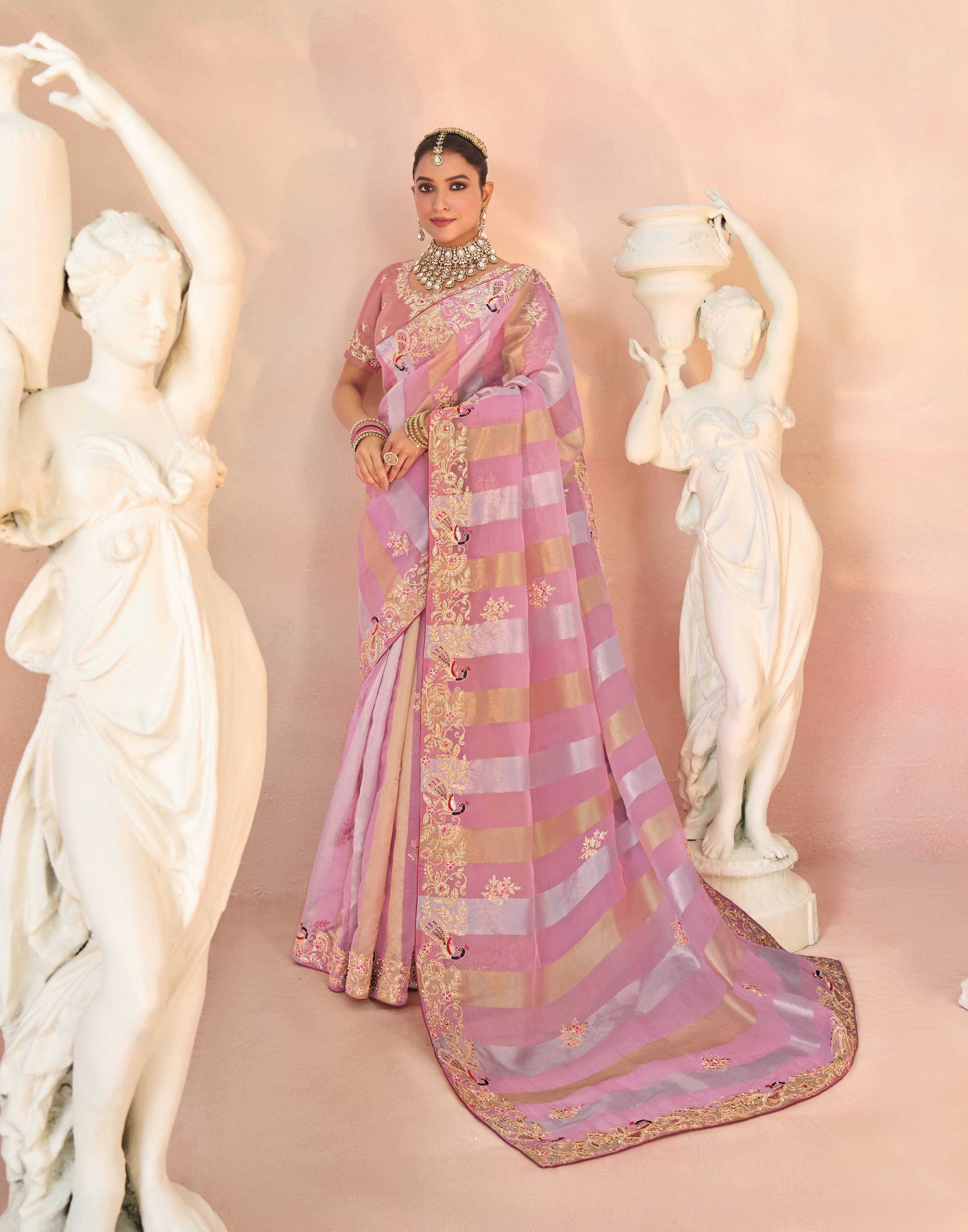 Laxmipati Kesaar Bhog Tissue Organza Floral Embroidered Saree in Pink Color