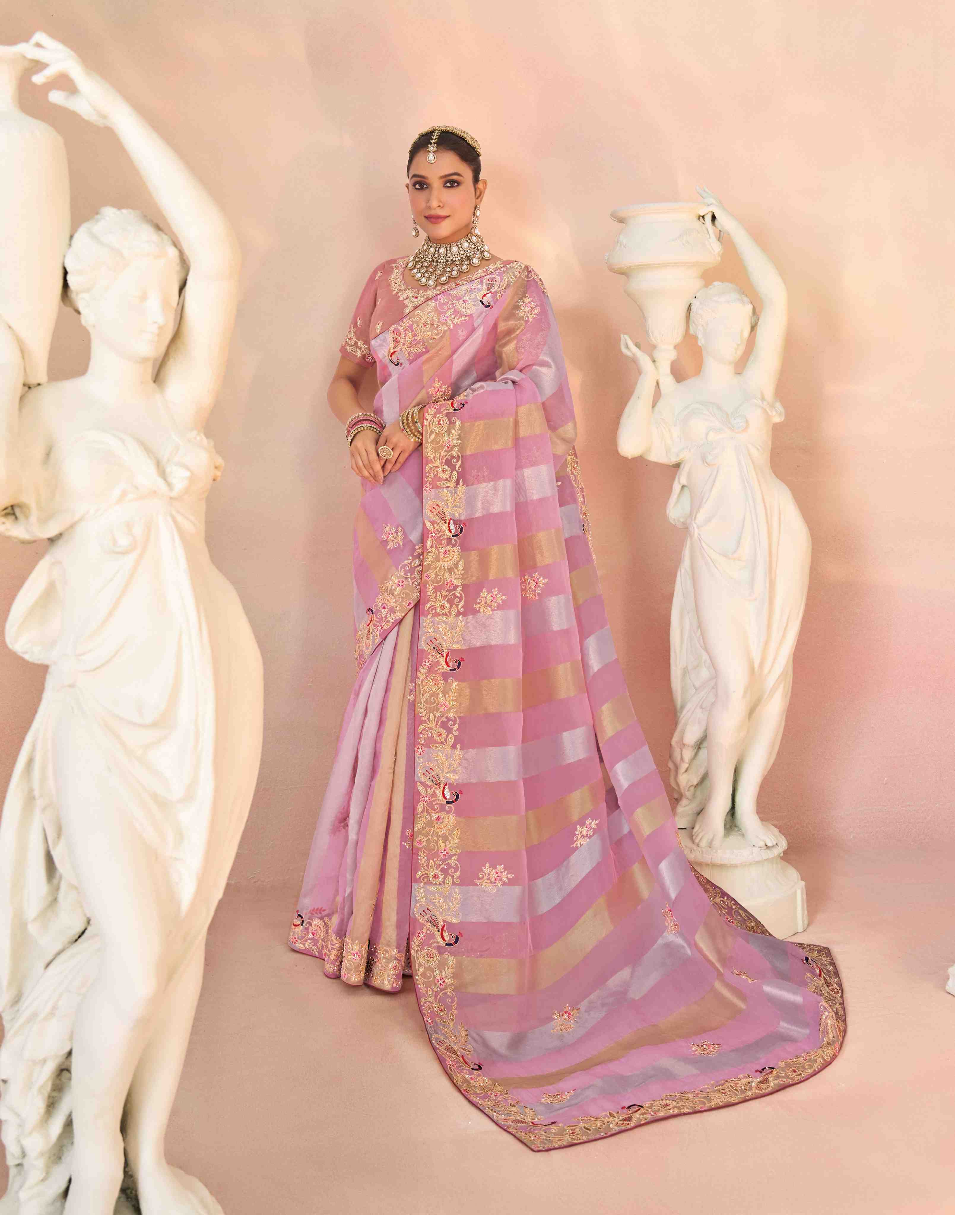 Laxmipati Kesaar Bhog Silk Floral Embroidered Saree in Pink Color