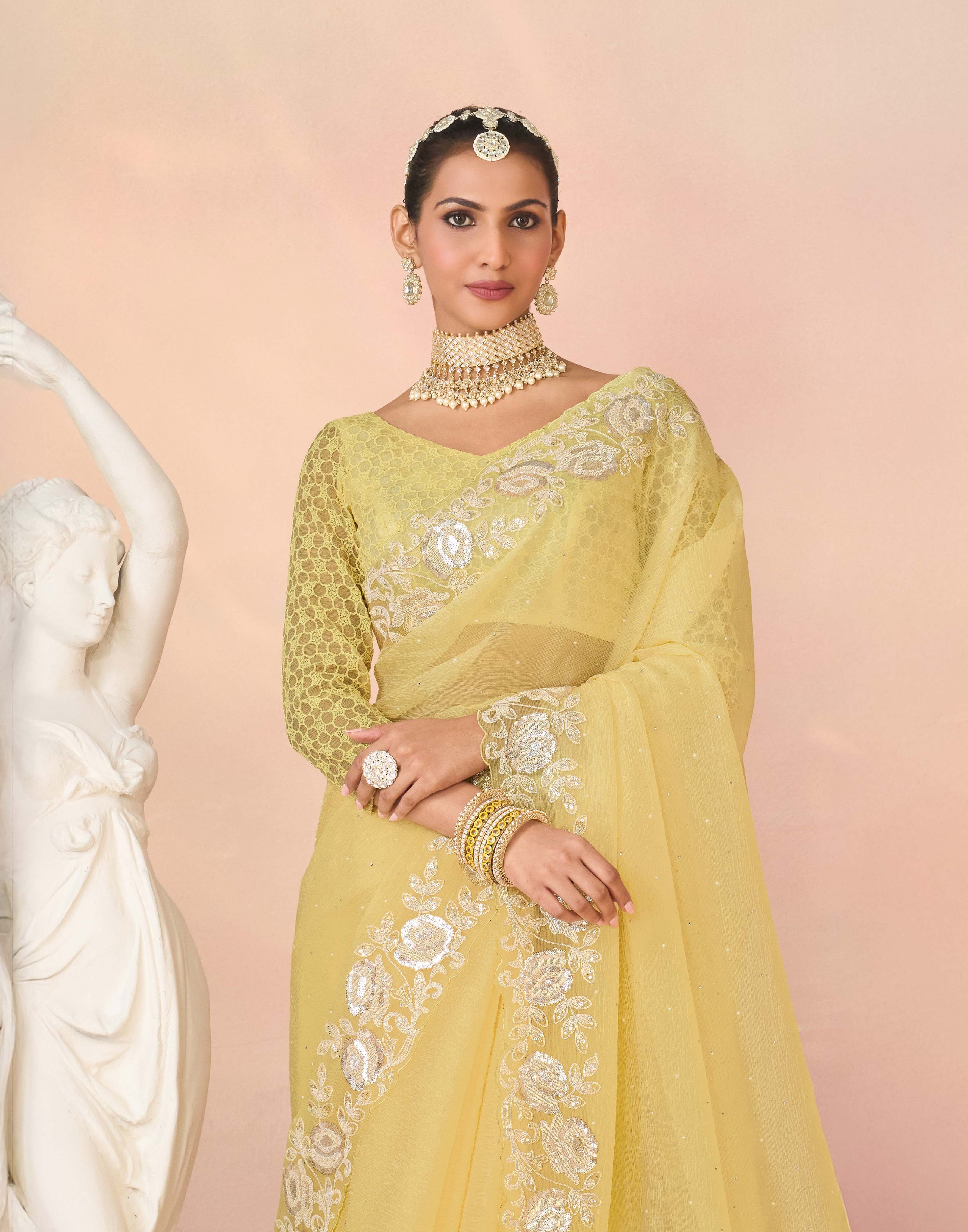 Laxmipati Kesaar Bhog Tissue Organza Floral Embroidered Saree in Yellow Color