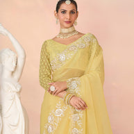 Laxmipati Kesaar Bhog Tissue Organza Floral Embroidered Saree in Yellow Color
